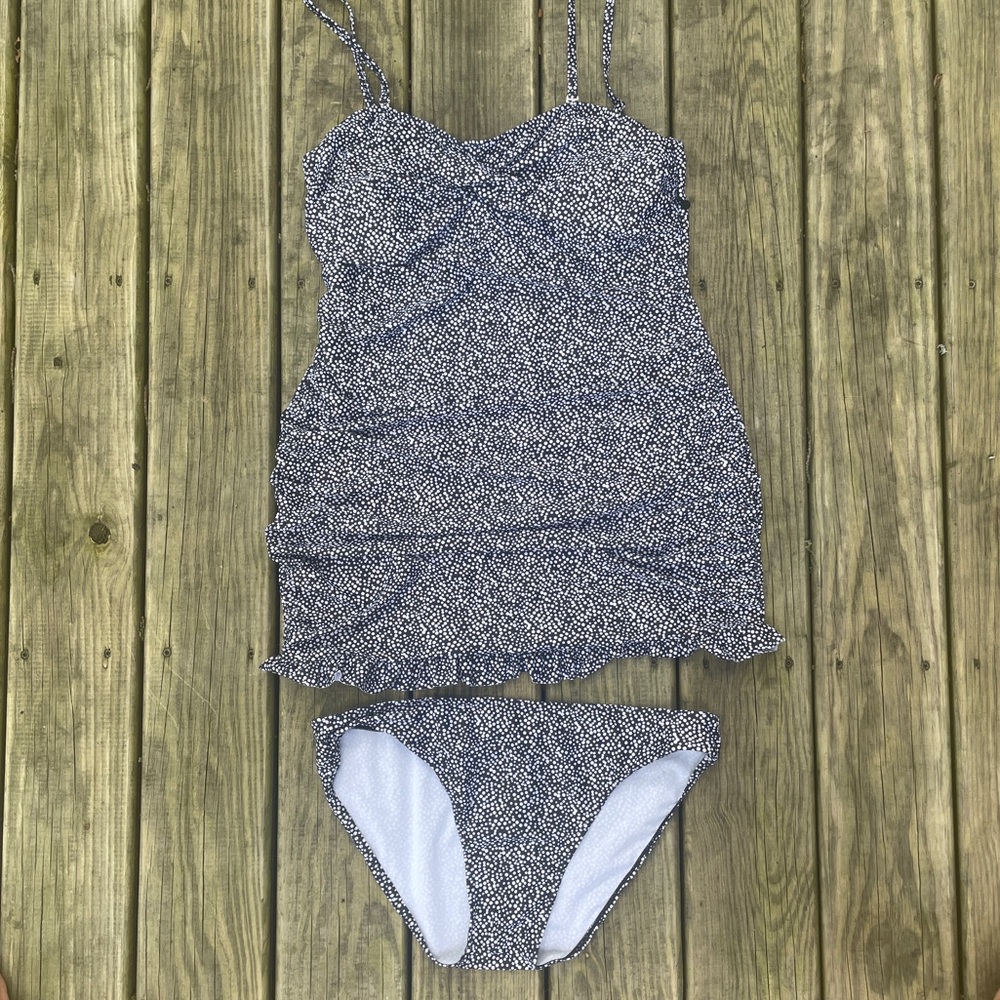 Black and white polka dot print two piece tankini swimsuit